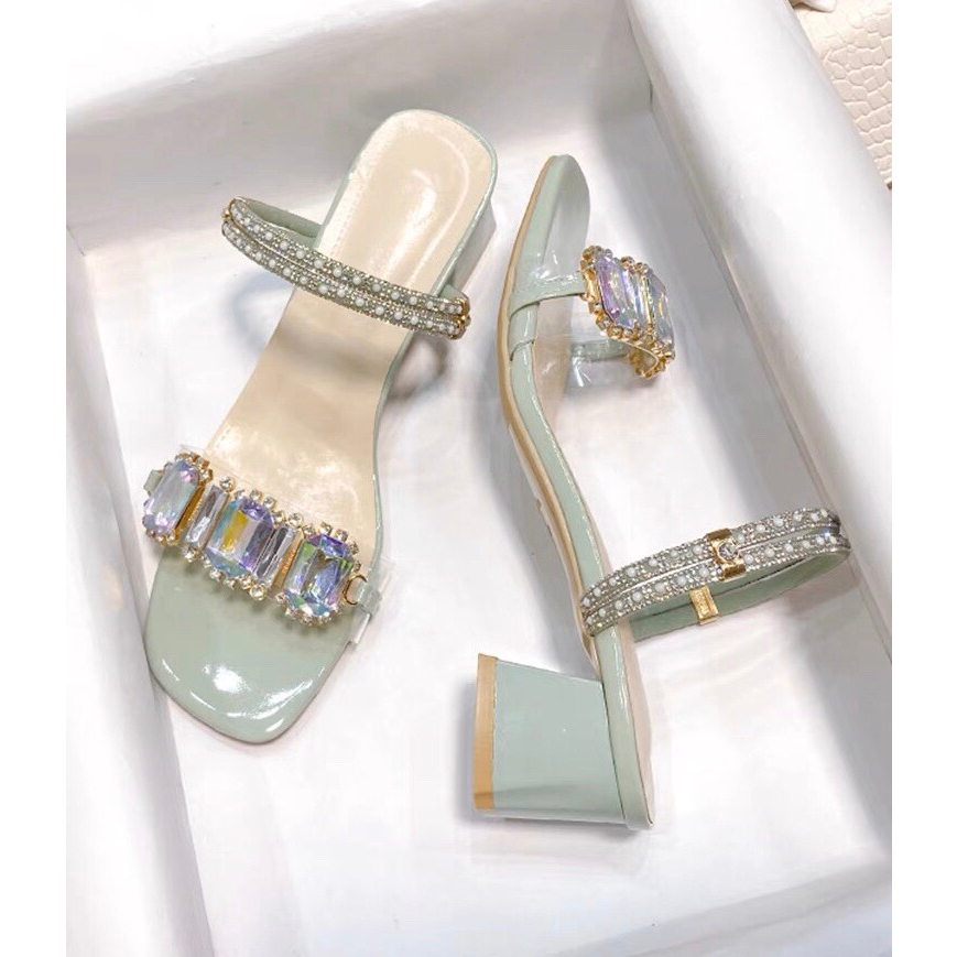 Guốc cao gót quai đá 7 màu gót vuông 4cm sandal màu xanh ngọc, trắng, sáng da tôn chân. Đi được 2 kiểu