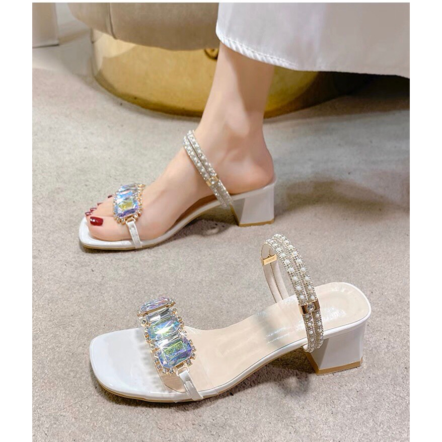 Guốc cao gót quai đá 7 màu gót vuông 4cm sandal màu xanh ngọc, trắng, sáng da tôn chân. Đi được 2 kiểu