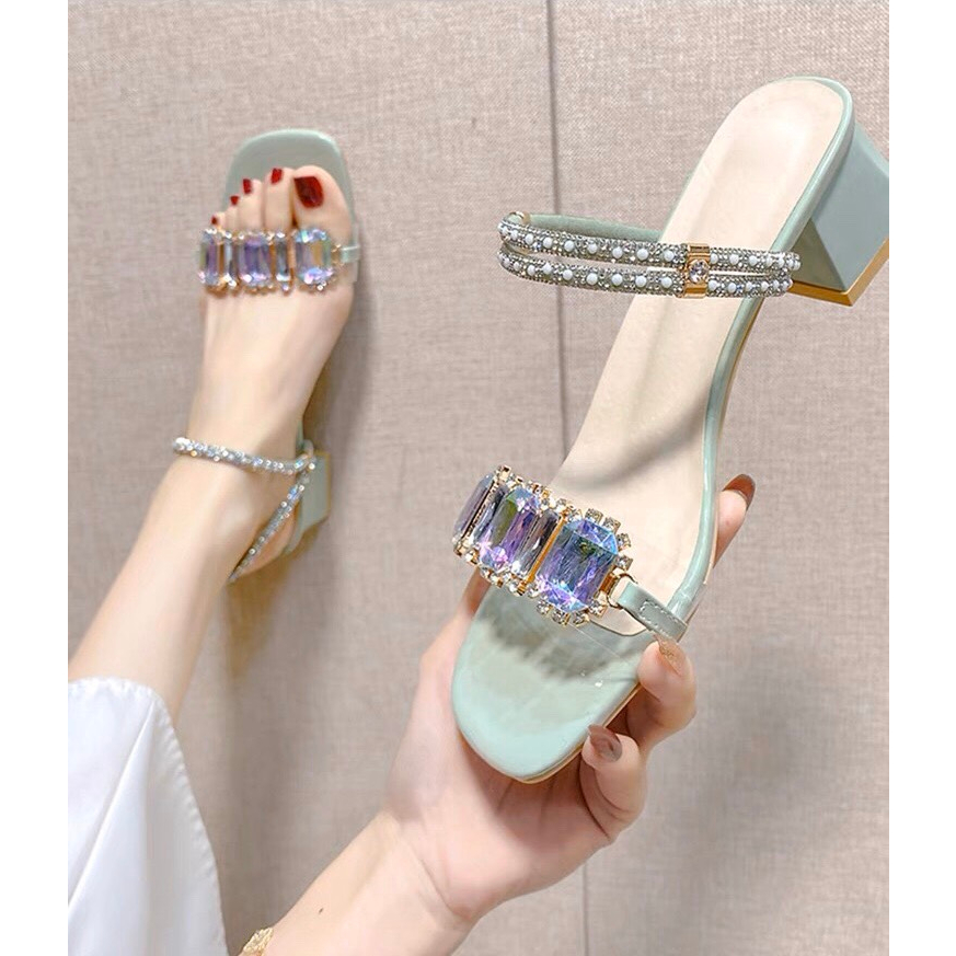 Guốc cao gót quai đá 7 màu gót vuông 4cm sandal màu xanh ngọc, trắng, sáng da tôn chân. Đi được 2 kiểu