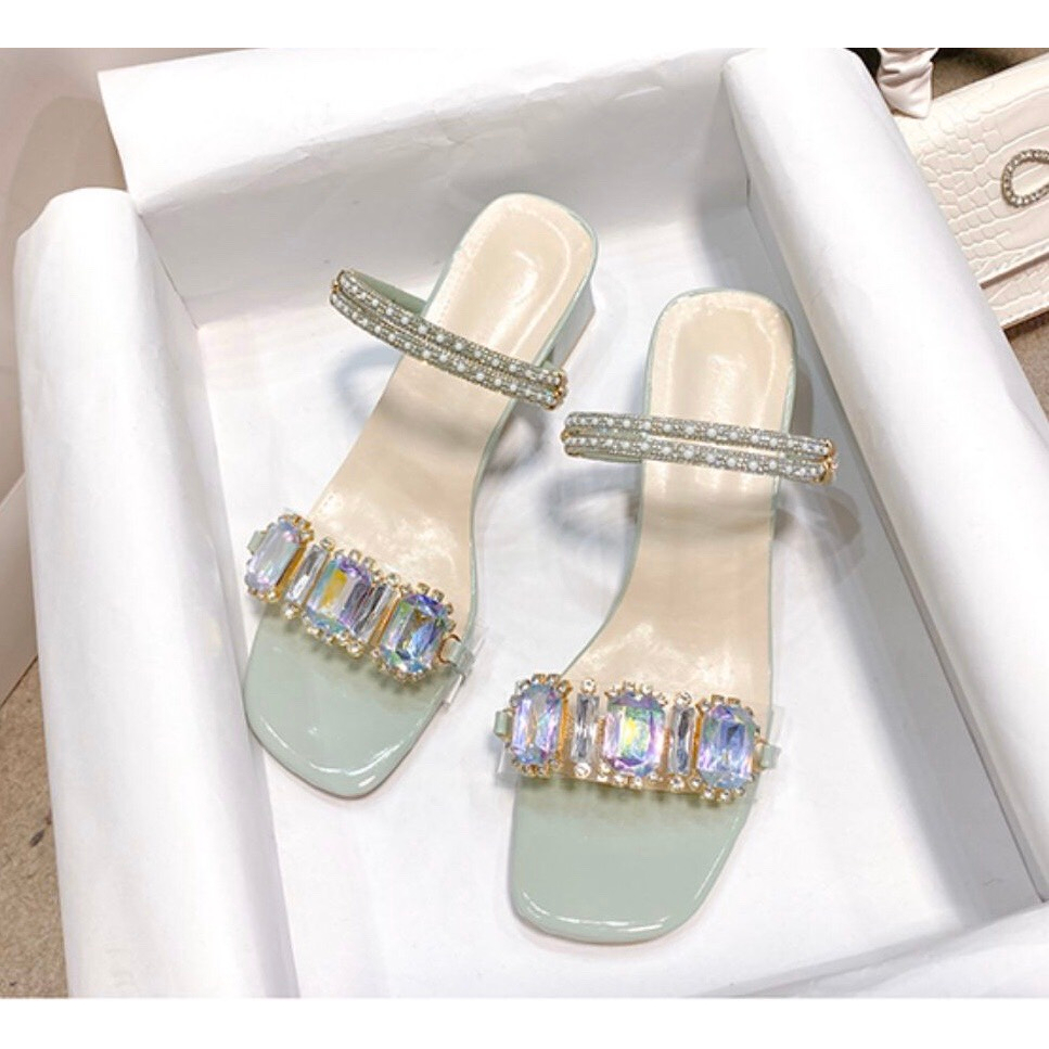 Guốc cao gót quai đá 7 màu gót vuông 4cm sandal màu xanh ngọc, trắng, sáng da tôn chân. Đi được 2 kiểu