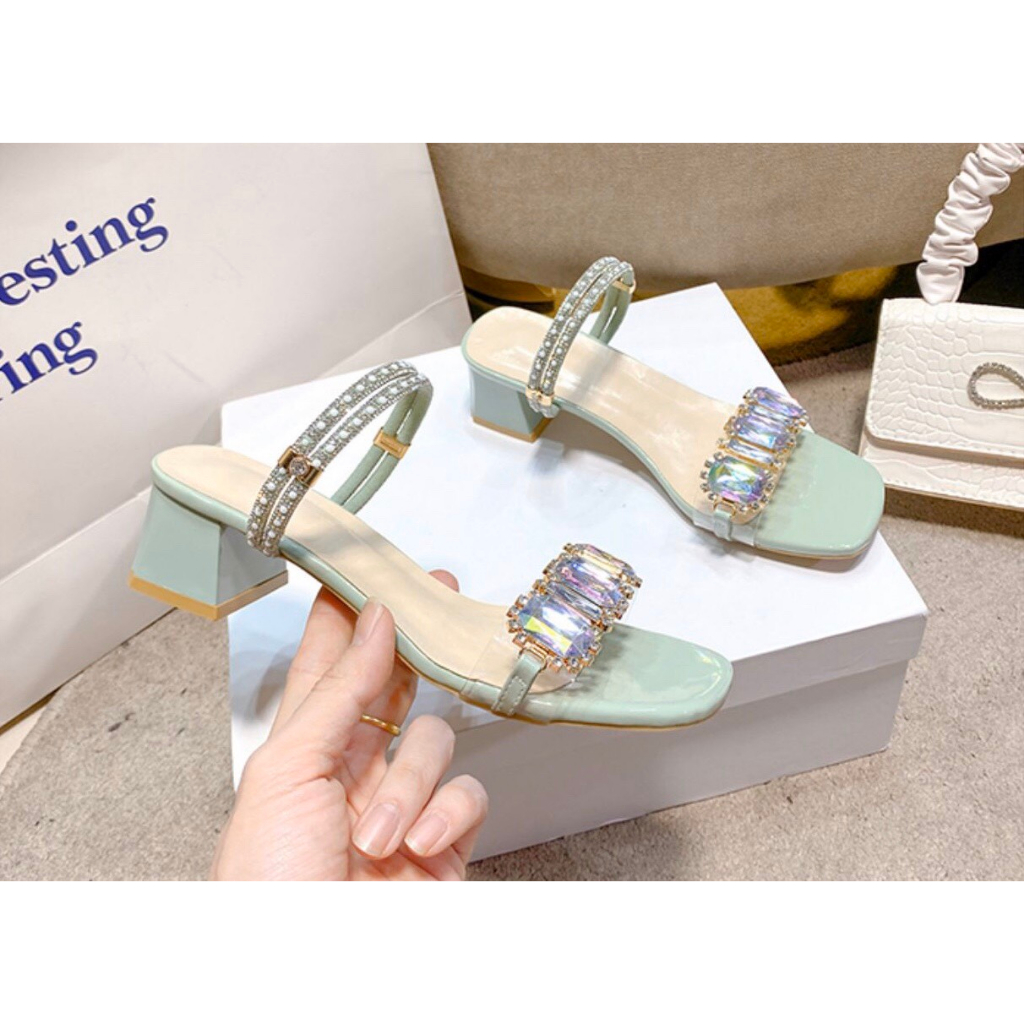 Guốc cao gót quai đá 7 màu gót vuông 4cm sandal màu xanh ngọc, trắng, sáng da tôn chân. Đi được 2 kiểu
