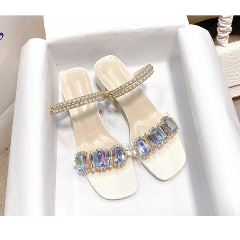 Guốc cao gót quai đá 7 màu gót vuông 4cm sandal màu xanh ngọc, trắng, sáng da tôn chân. Đi được 2 kiểu