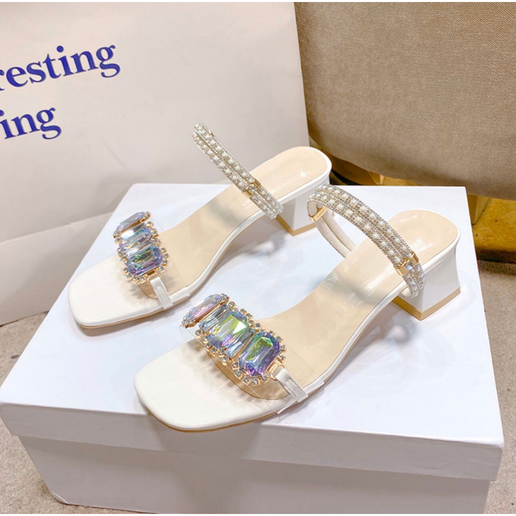 Guốc cao gót quai đá 7 màu gót vuông 4cm sandal màu xanh ngọc, trắng, sáng da tôn chân. Đi được 2 kiểu