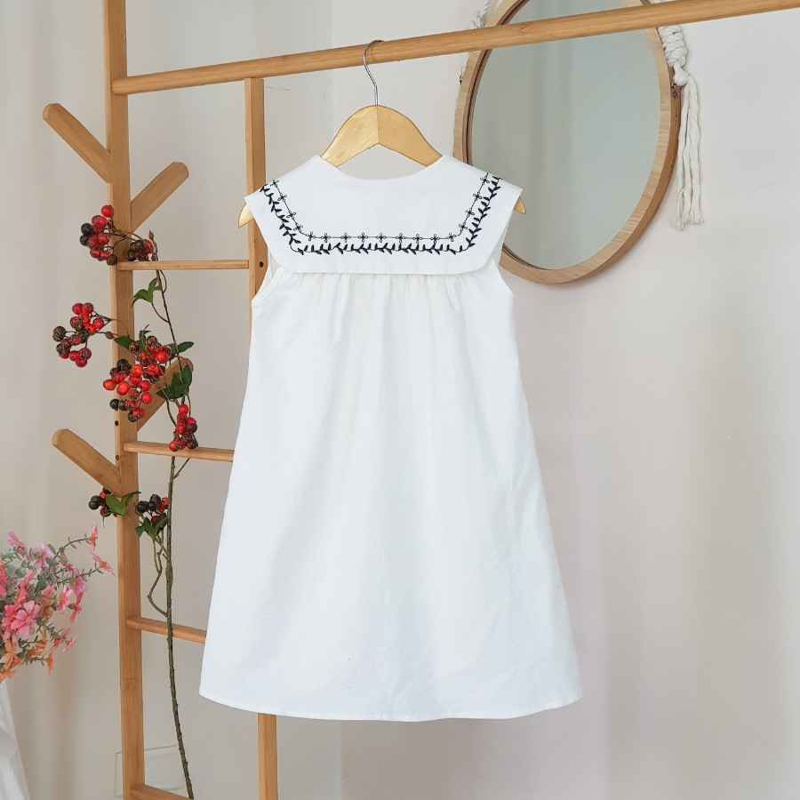 V008 Váy Đầm Cotton Xinh House Cổ Thủy Thủ Màu Trắng Kem Cho Bé Gái