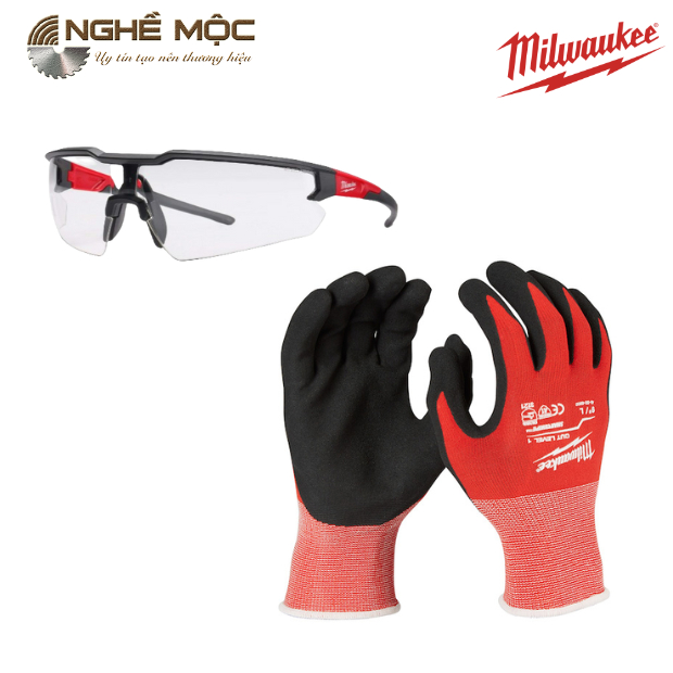 Combo kính trắng và găng tay đỏ Milwaukee