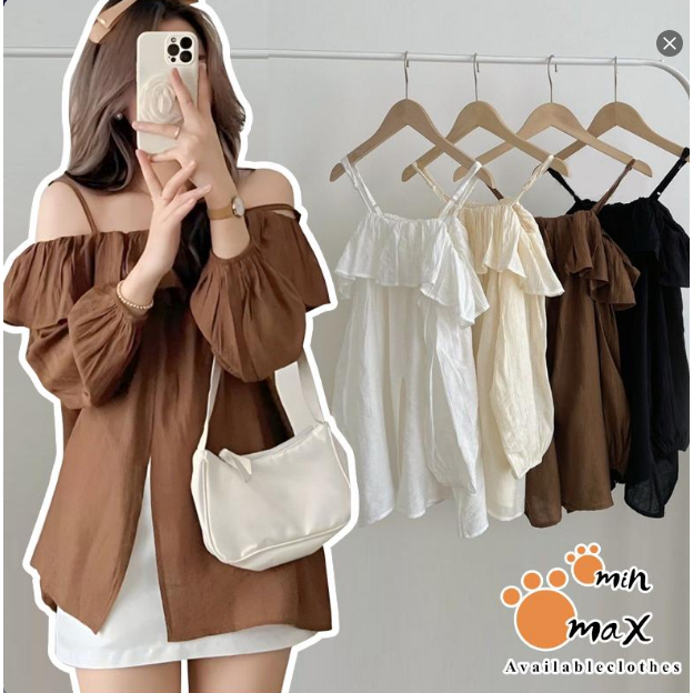 (Có ảnh thật) Áo kiểu trễ vai Minmax House áo nữ tay dài viền bèo xẻ tà chất đũi mềm đẹp form xinh phong cách điệu đà nữ