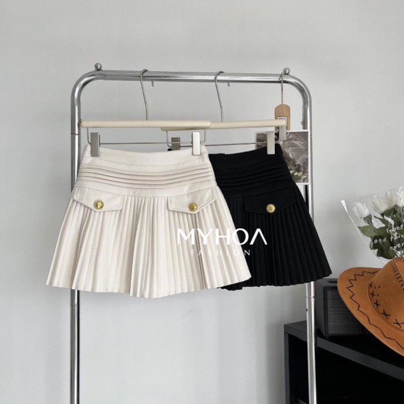 BIGSIZE 58-90kg - Chân váy dập ly đen -trắng cúc vàng có chun sau