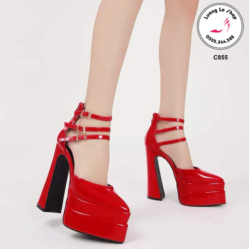 𝐆𝐈𝐀̀𝐘 𝐂𝐀𝐎 𝐆𝐎́𝐓 15cm đế đúp 2 tầng đế dày da bóng mũi nhọn 3 quai cổ chân màu đen trắng đỏ c855