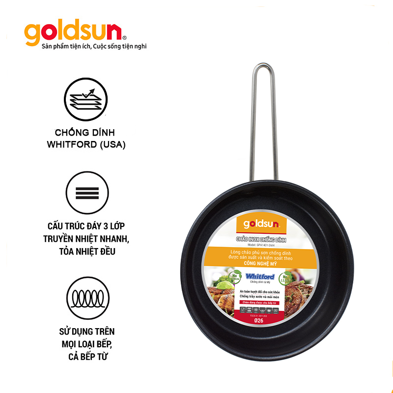 Chảo inox chống dính đáy từ 3 lớp cao cấp Goldsun GPA1401 đủ kích cỡ