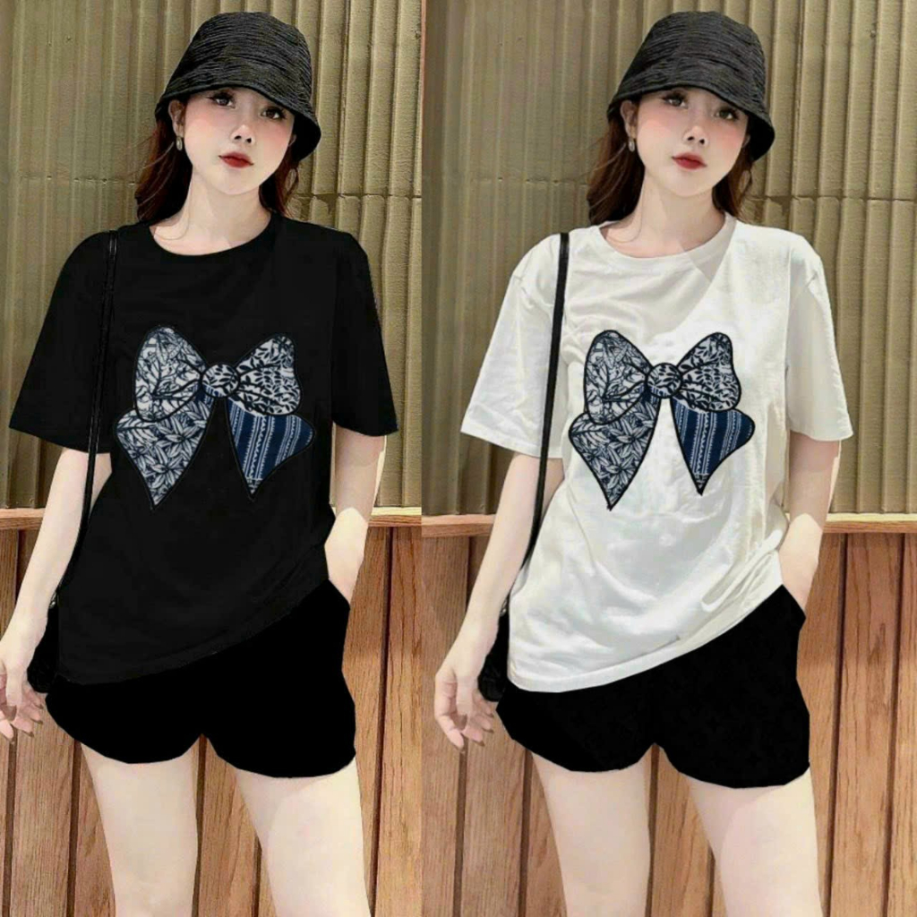Bộ short thun cotton nữ thêu nơ phong cách trẻ trung cá tính fom rộng