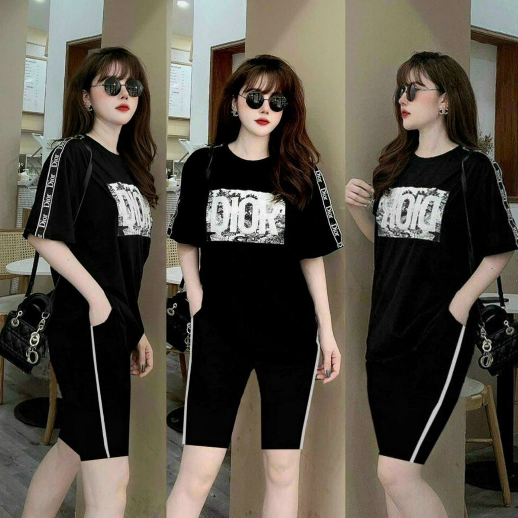 Bộ short lửng thun nữ logo DI.OR Quảng châu trẻ trung cá tính fom rộng