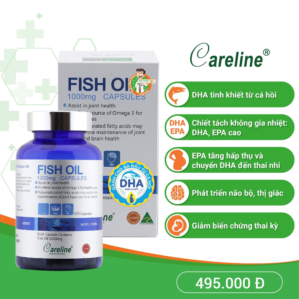 DHA cho bà bầu - Viên Uống Careline Fish Oil Bổ Sung DHA & EPA Tinh Khiết Chiết Xuất Từ Cá Hồi