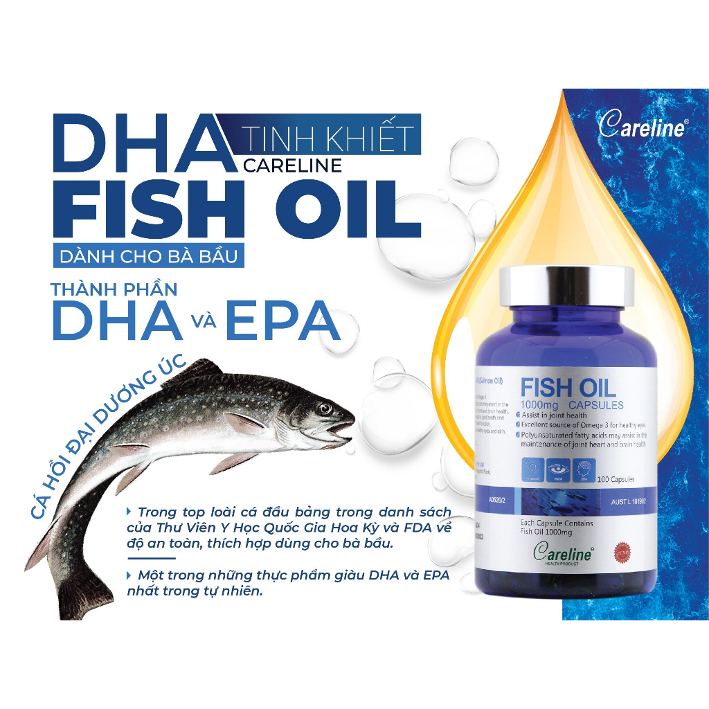 DHA cho bà bầu - Viên Uống Careline Fish Oil Bổ Sung DHA & EPA Tinh Khiết Chiết Xuất Từ Cá Hồi