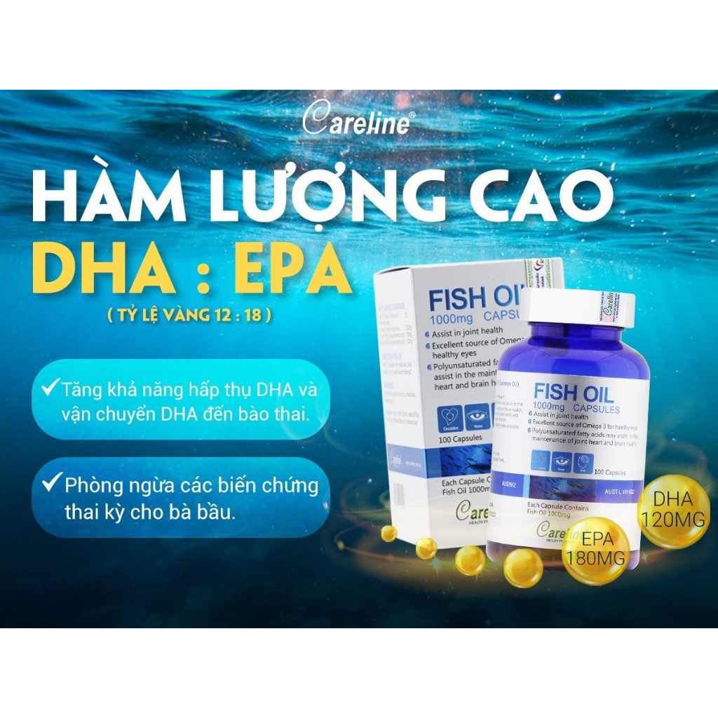 DHA cho bà bầu - Viên Uống Careline Fish Oil Bổ Sung DHA & EPA Tinh Khiết Chiết Xuất Từ Cá Hồi