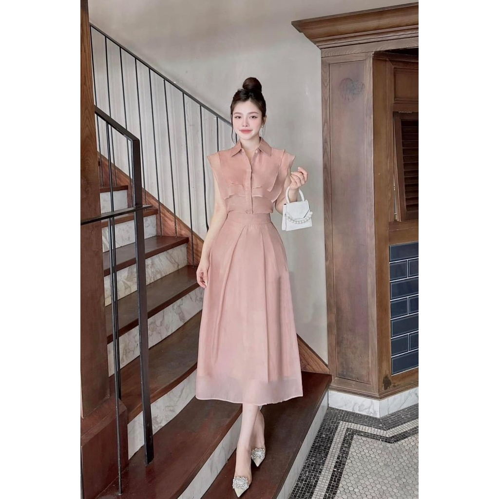 Khâu Set tơ cổ sơ mi tà vuông sang chảnh nhẹ nhàng đi làm đi chơi