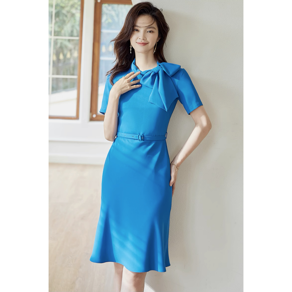 Đầm dự tiệc cổ tròn đính nơ cổ to tay ngắn