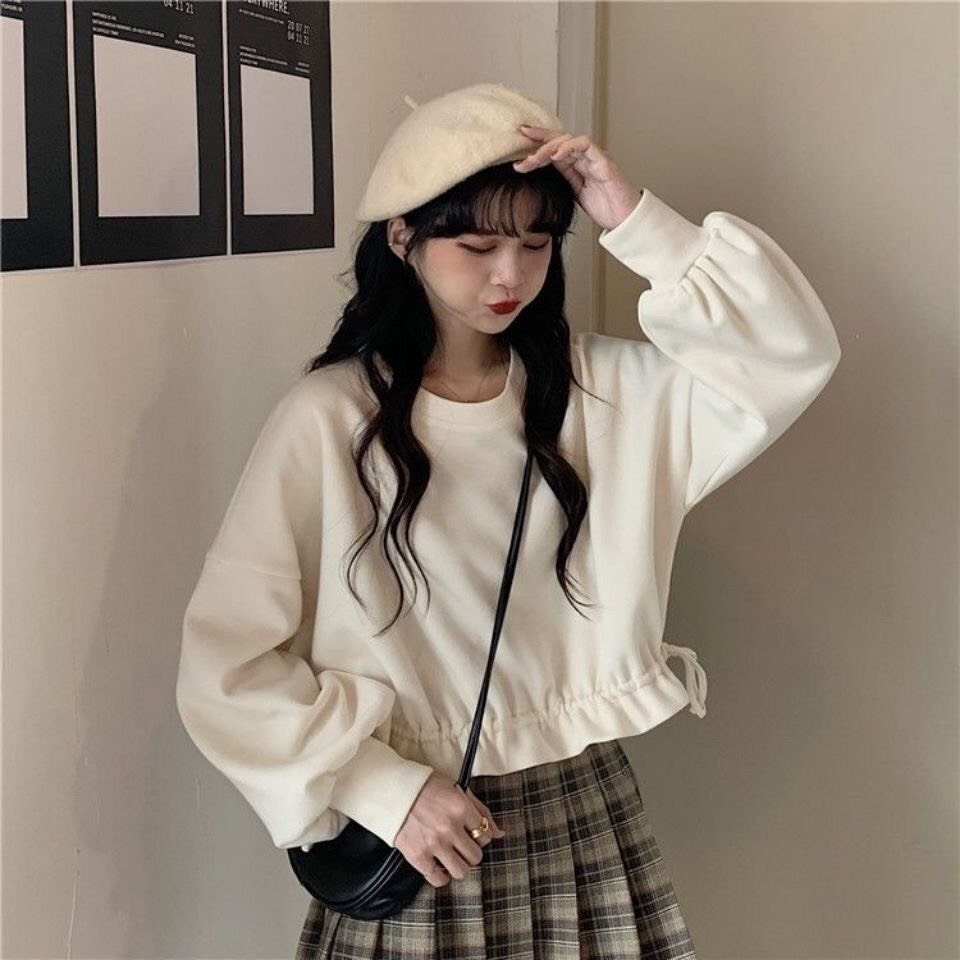 Áo sweater dáng ngắn rút eo cute 2 màu trắng hồng