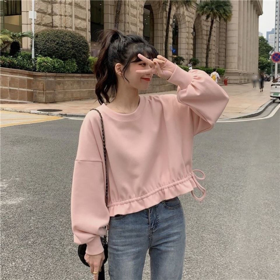 Áo sweater dáng ngắn rút eo cute 2 màu trắng hồng