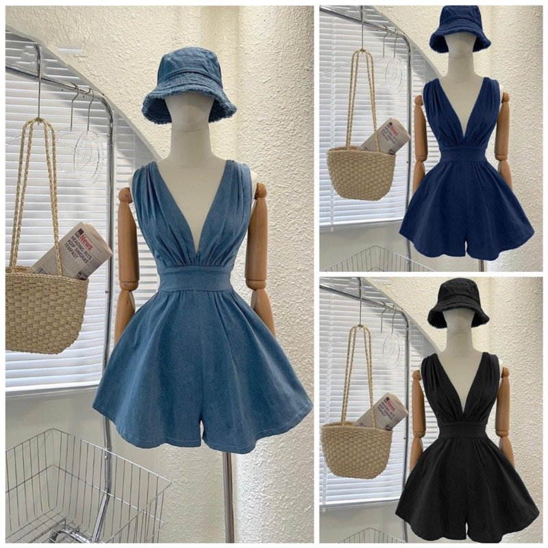 JUMSUIT JEAN CỔ V