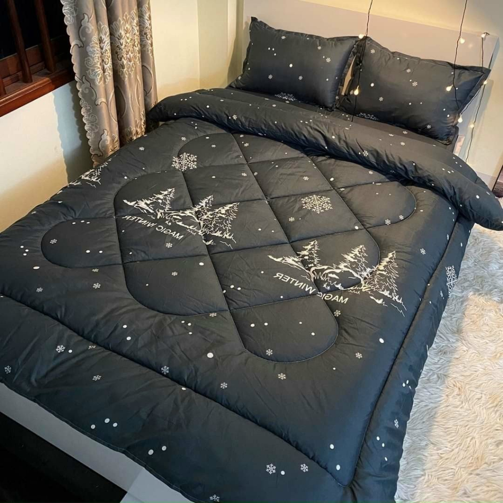 Trọn bộ 5 món ga gối chăn phao poly cotton có ruột bông dày gồm 1ga+2 vỏ nằm+2 Vỏ ôm+1 chăn phao - [THỎ NƠ TÍM]