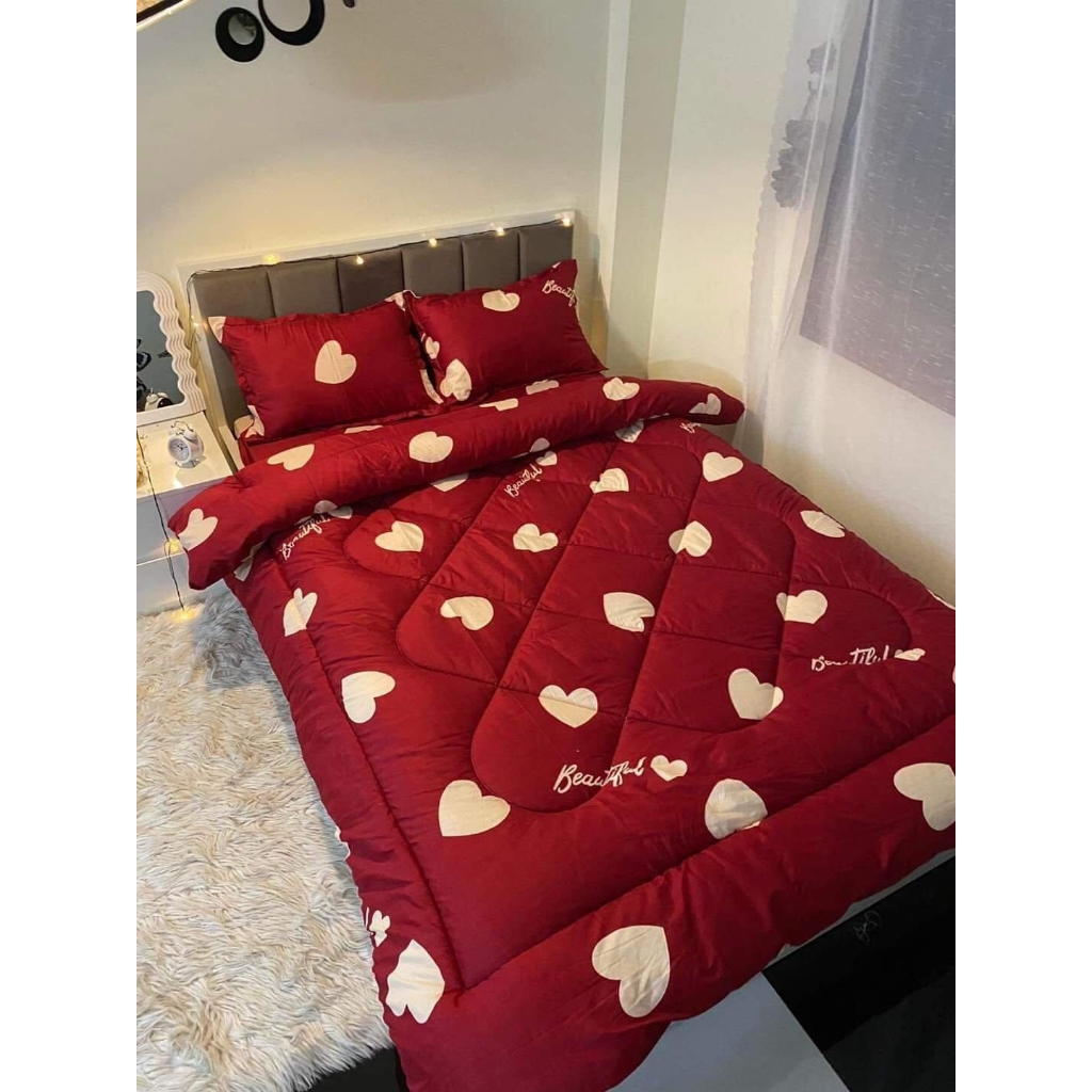 Trọn bộ 5 món ga gối chăn phao poly cotton có ruột bông dày gồm 1ga+2 vỏ nằm+2 Vỏ ôm+1 chăn phao - [THỎ NƠ TÍM]