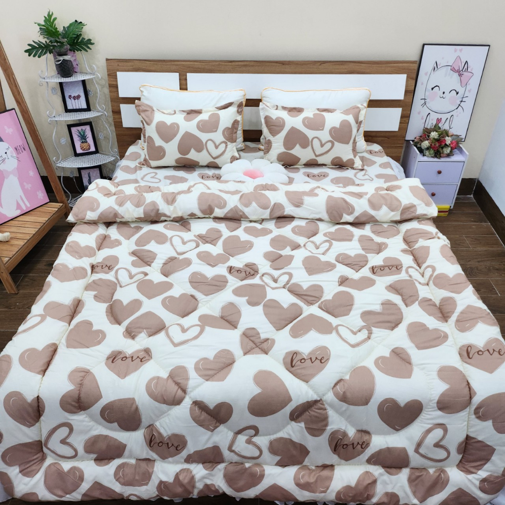 Trọn bộ 5 món ga gối chăn phao poly cotton có ruột bông dày gồm 1ga+2 vỏ nằm+2 Vỏ ôm+1 chăn phao - [THỎ NƠ TÍM]