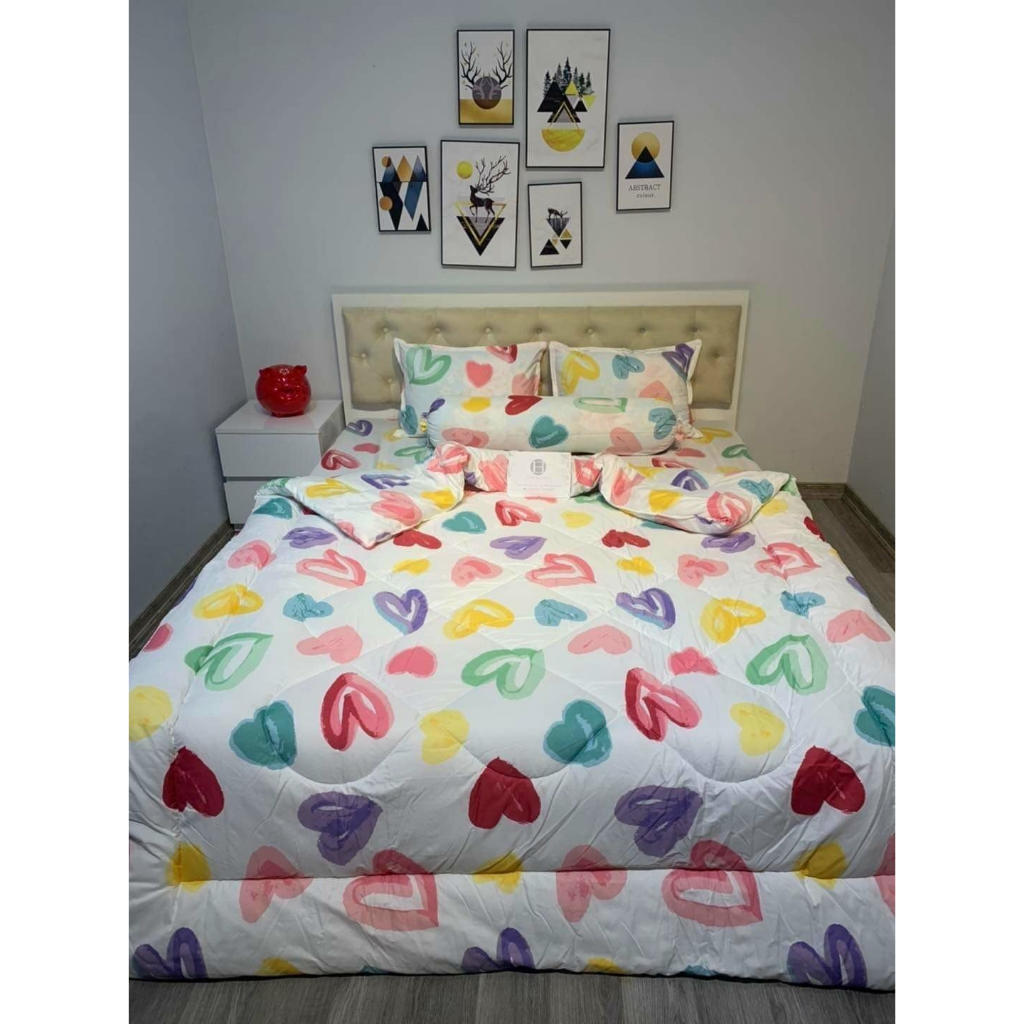 Trọn bộ 5 món ga gối chăn phao poly cotton có ruột bông dày gồm 1ga+2 vỏ nằm+2 Vỏ ôm+1 chăn phao - [THỎ NƠ TÍM]