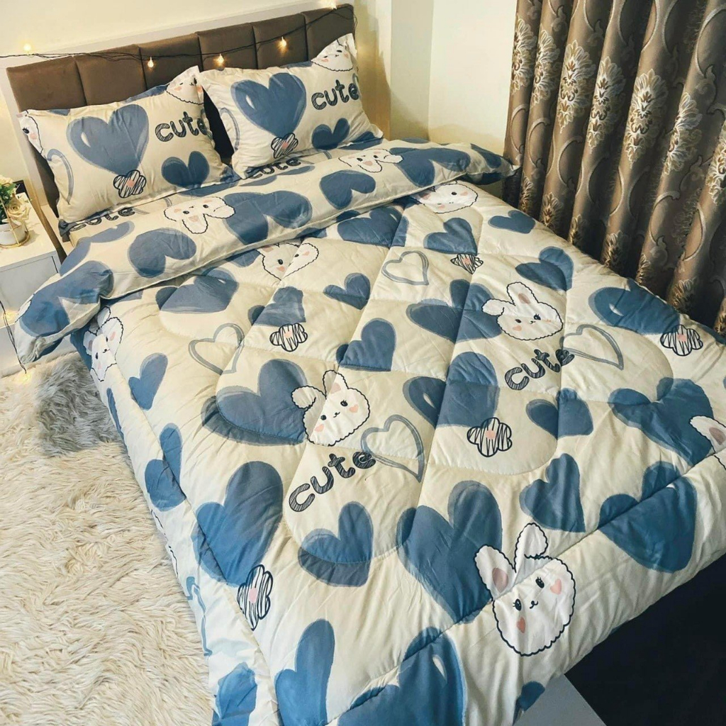 Trọn bộ 5 món ga gối chăn phao poly cotton có ruột bông dày gồm 1ga+2 vỏ nằm+2 Vỏ ôm+1 chăn phao - [THỎ NƠ TÍM]