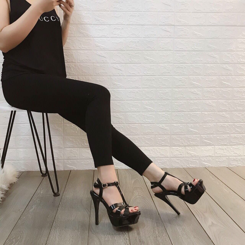 Sandal đế đúp da bóng dây xoắn cao cấp, gót 12cm