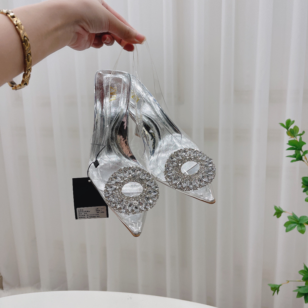 Sandal Zara đá tròn màu bạc cực xinh, gót 7cm