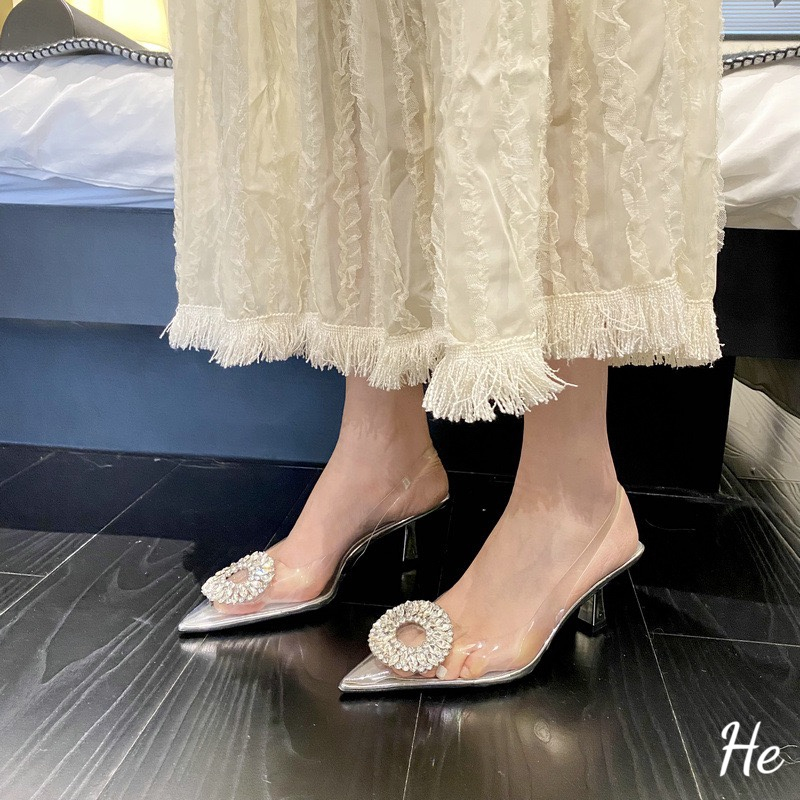 Sandal Zara đá tròn màu bạc cực xinh, gót 7cm