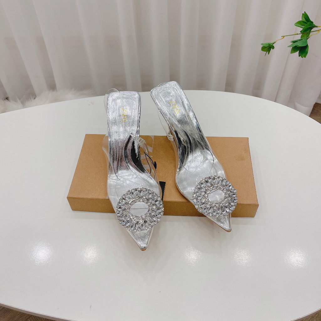 Sandal Zara đá tròn màu bạc cực xinh, gót 7cm