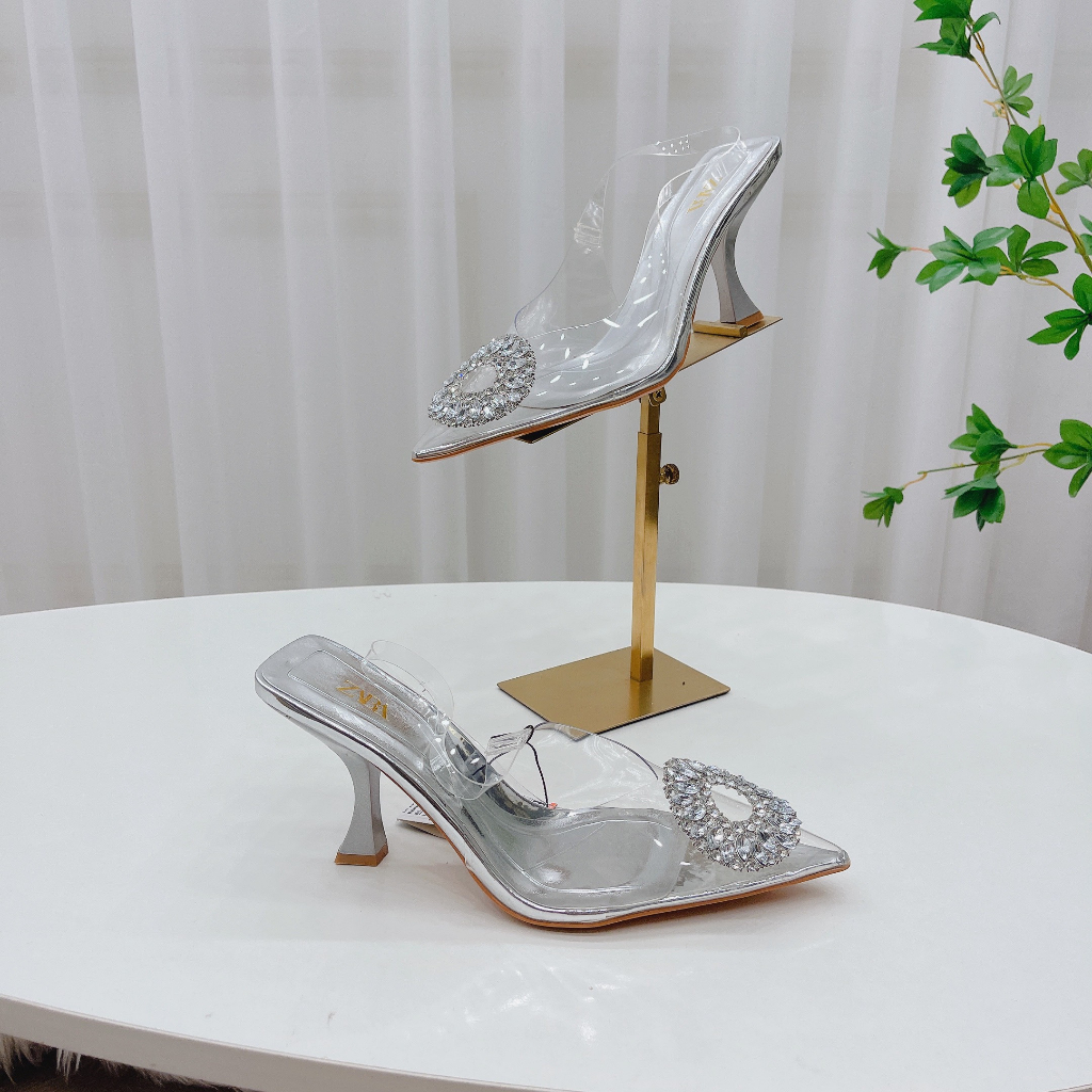 Sandal Zara đá tròn màu bạc cực xinh, gót 7cm