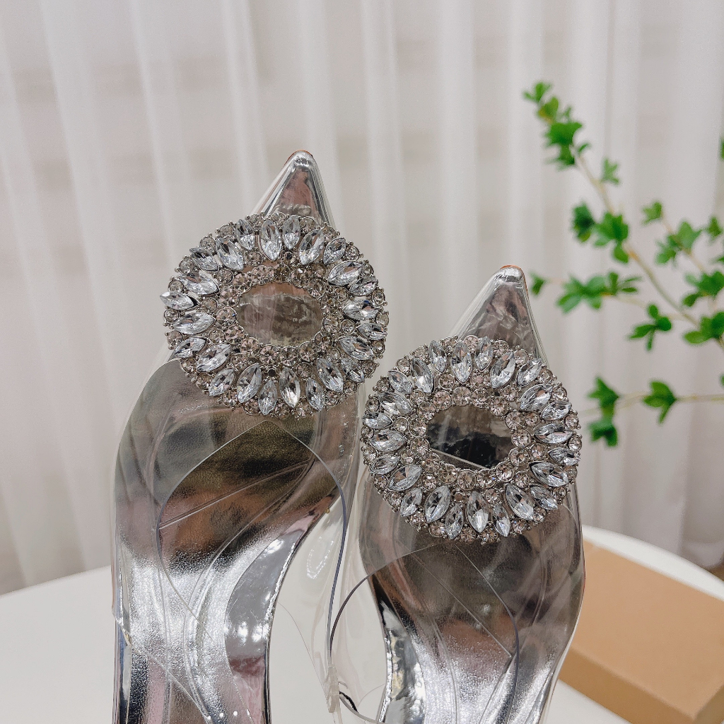 Sandal Zara đá tròn màu bạc cực xinh, gót 7cm