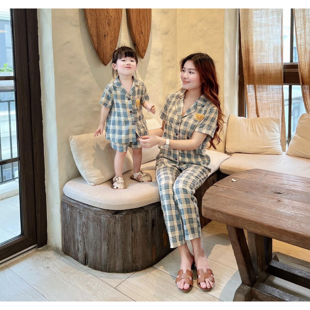 Bộ pijama mẹ bé - bộ mặc nhà mẹ bé trai + gái kẻ caro xinh xắn