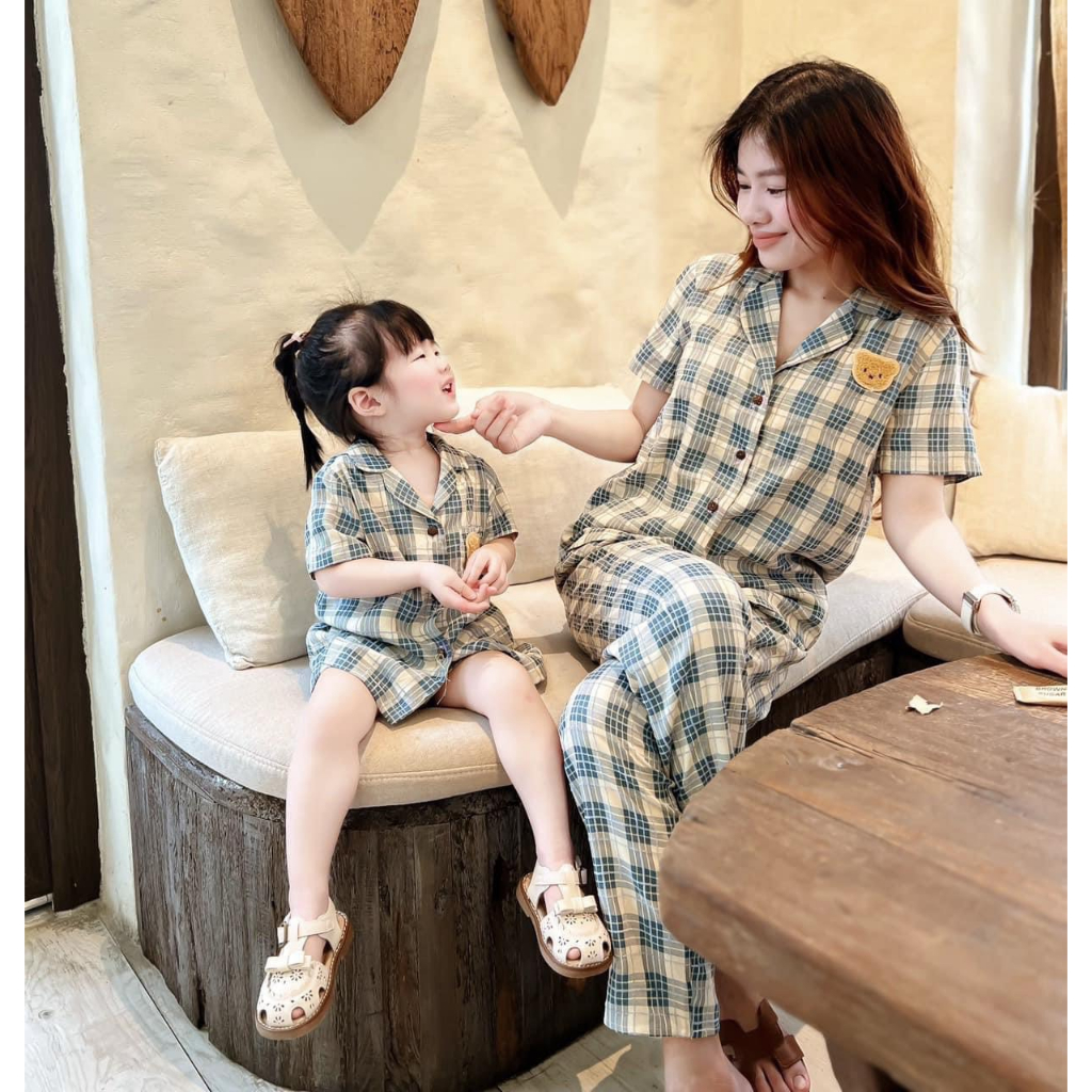 Bộ pijama mẹ bé - bộ mặc nhà mẹ bé trai + gái kẻ caro xinh xắn