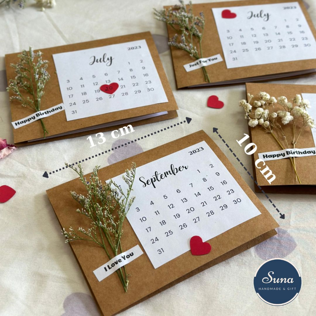 Thiệp Kraft Ngày Tháng trang trí Hoa Khô Vintage Handmade tặng người yêu, bạn bè dịp sinh nhật, anniversary | Suna