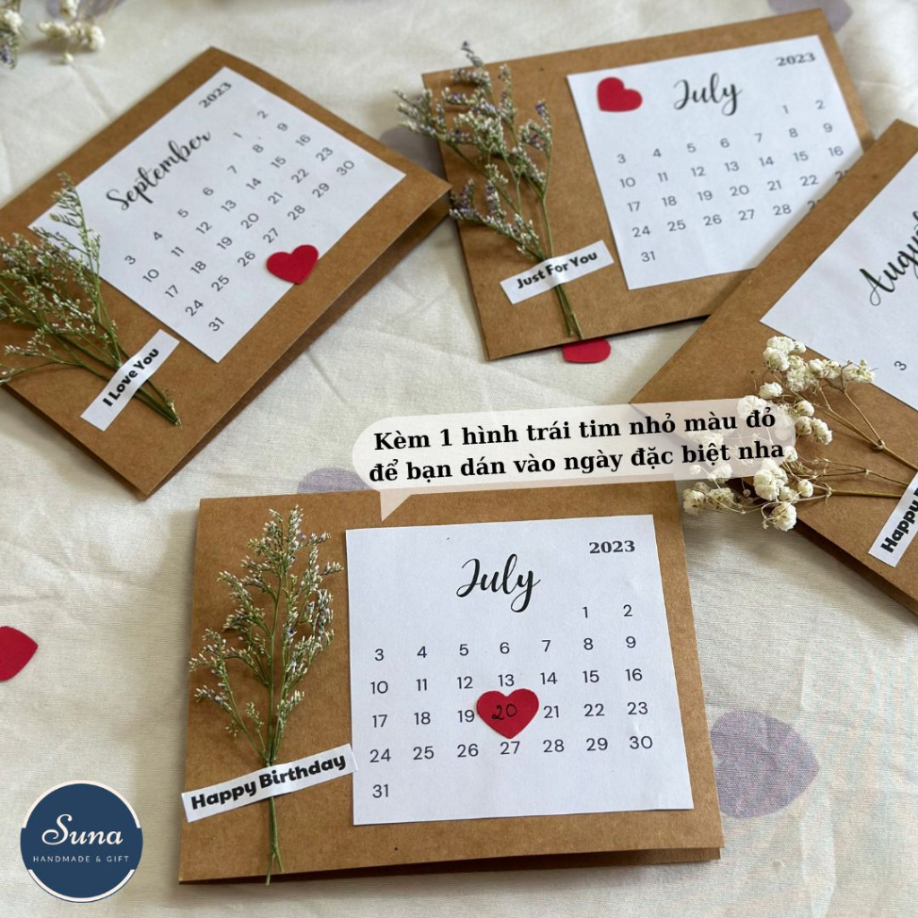 Thiệp Kraft Ngày Tháng trang trí Hoa Khô Vintage Handmade tặng người yêu, bạn bè dịp sinh nhật, anniversary | Suna