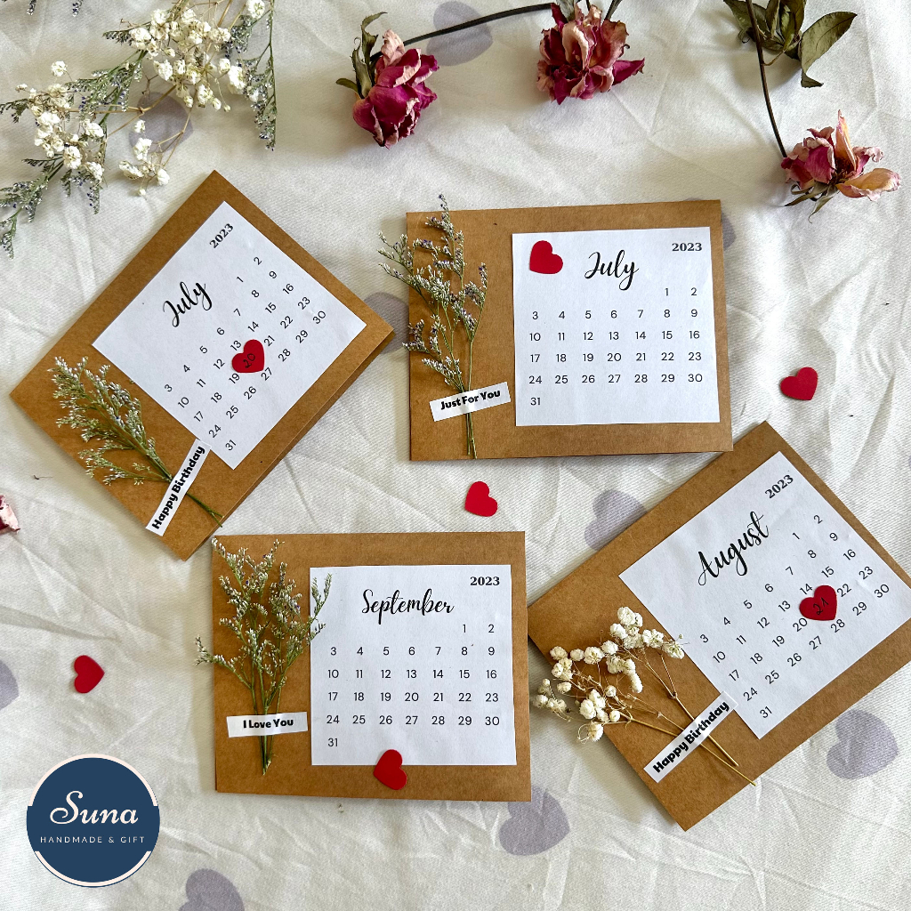 Thiệp Kraft Ngày Tháng trang trí Hoa Khô Vintage Handmade tặng người yêu, bạn bè dịp sinh nhật, anniversary | Suna