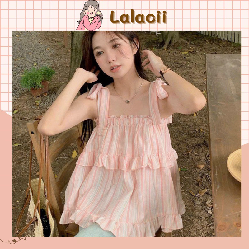 Áo 2 dây kẻ xếp tầng dáng Babydoll phong cách HQ màu pastel dễ thương