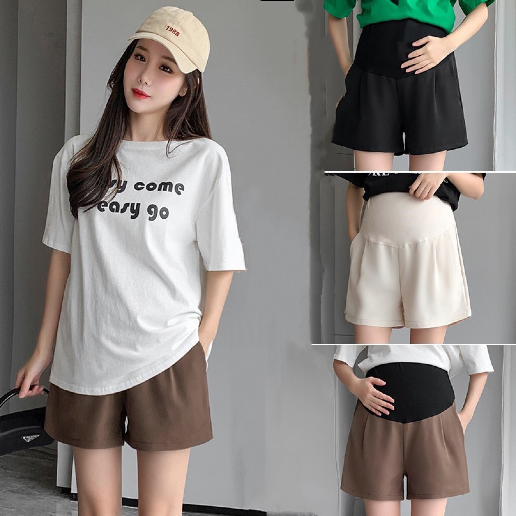 Quần đùi bầu thiết kế đẹp, Quần sooc bầu chất chéo hàn mềm mát có chun chỉnh và đáp bụng QB78