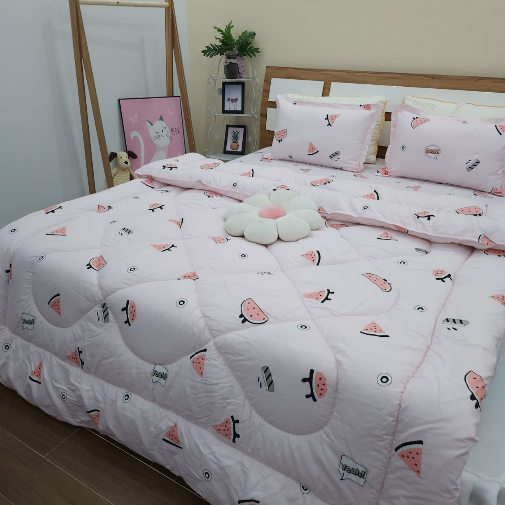 Bộ 5 món Chăn phao và Ga Gối cotton poly, Drap nệm M2/ M6 /M8 /2m2- Họa Tiết Dễ Thương - [DƯA HẤU HỒNG]