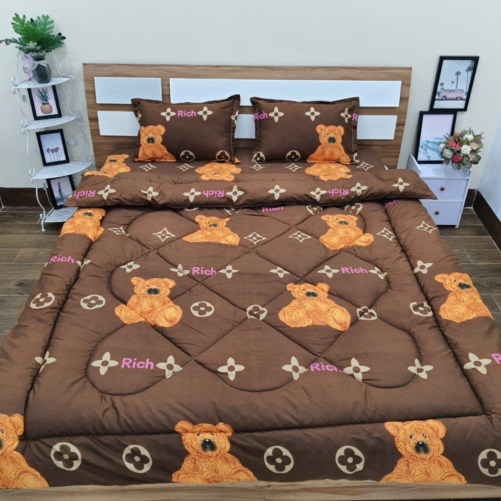 Bộ 5 món Chăn phao và Ga Gối cotton poly, Drap nệm M2/ M6 /M8 /2m2- Họa Tiết Dễ Thương - [DƯA HẤU HỒNG]