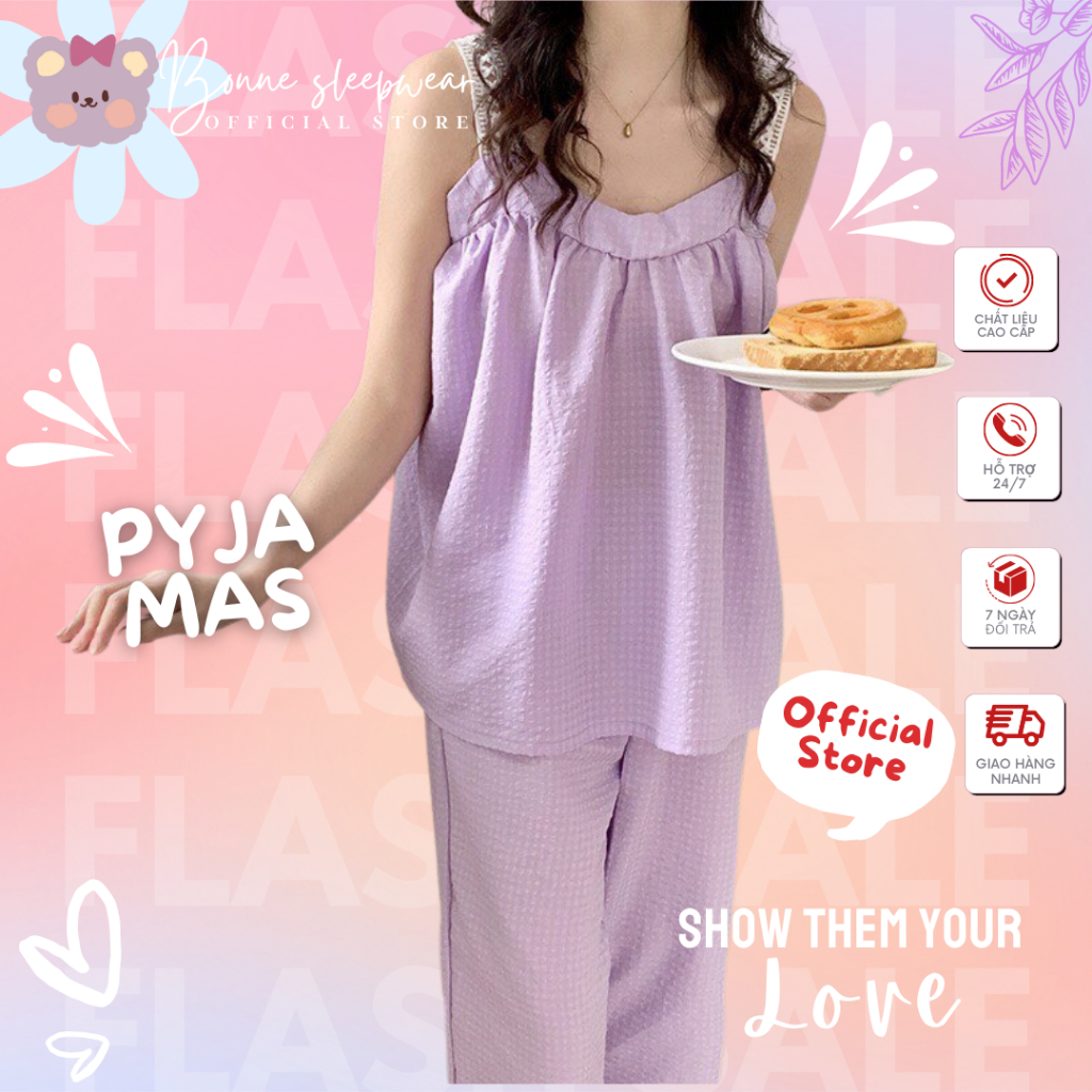 Đồ Ngủ Nữ Pyjama Chất Đũi Xốp Hàn Đẹp, Bộ Mặc Nhà Dễ Thương Cổ Tim Hai Dây Ren, Quần Dài Lưng Co Giãn Thoải Mái BOPYXOX