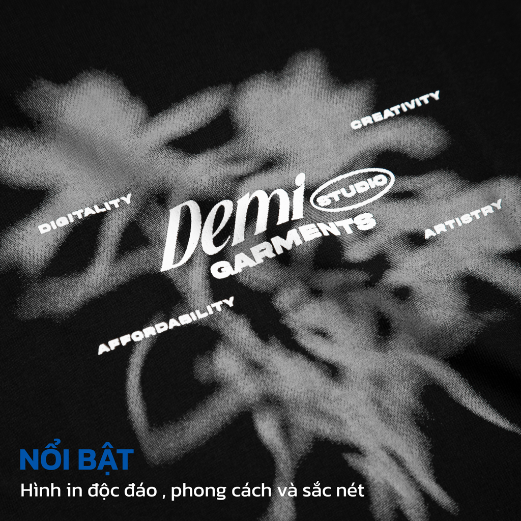 Áo thun local brand form rộng, tay lỡ, hình in blur độc đáo vải thun cotton mịn mát màu đen DEMI | DE-T70