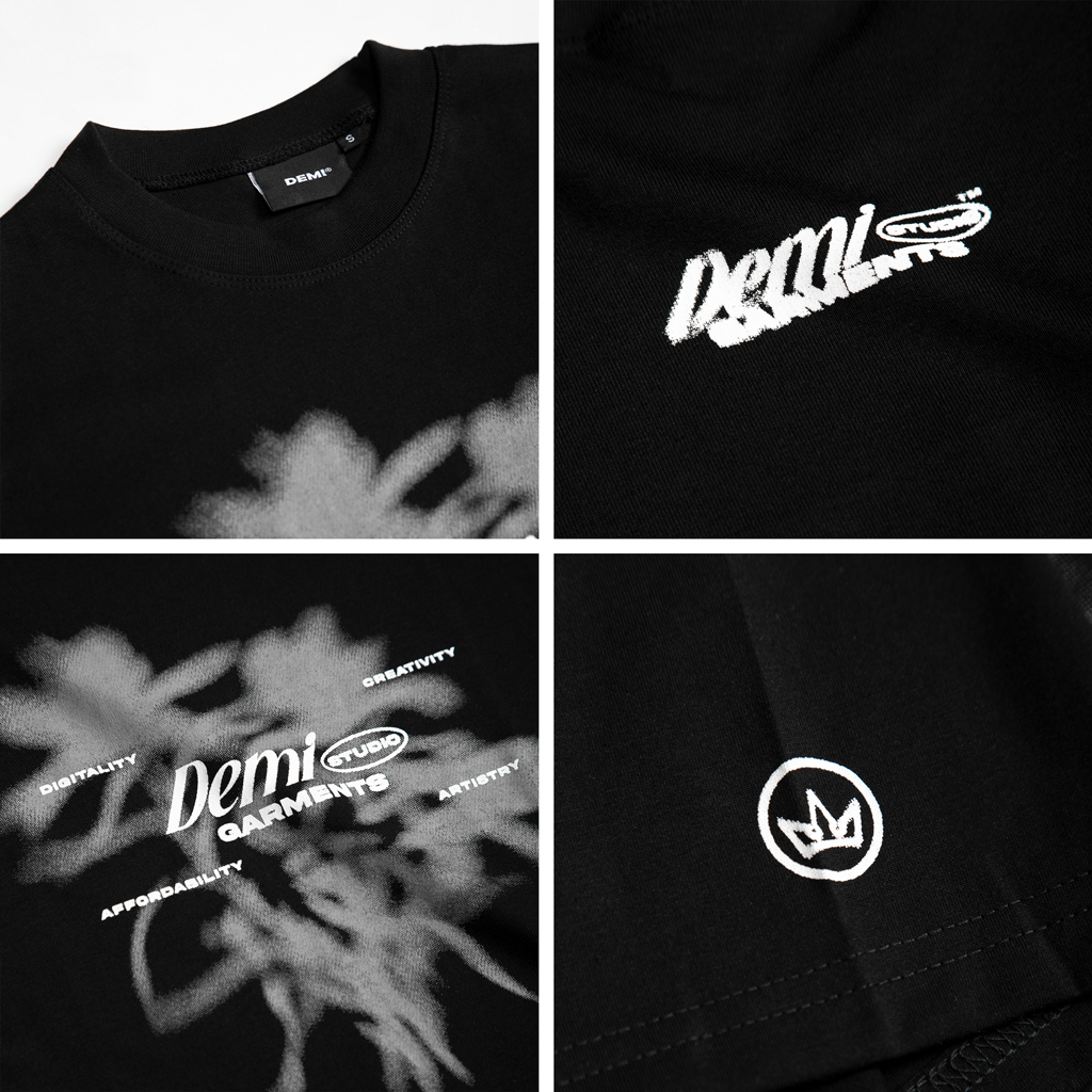 Áo thun local brand form rộng, tay lỡ, hình in blur độc đáo vải thun cotton mịn mát màu đen DEMI | DE-T70