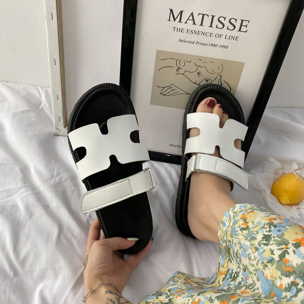 Dép da Hm quai trắng đế 4cm,Dép nữ 44ts_showd đặt tăng 1 size