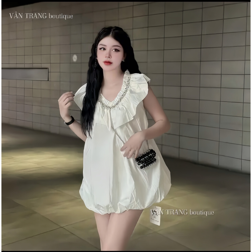 Áo Váy Cổ Đính Đá Phong Cách Tiểu Thư Ulzzang Hàn Quốc  - Hân Linh