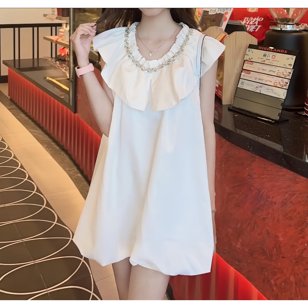 Áo Váy Cổ Đính Đá Phong Cách Tiểu Thư Ulzzang Hàn Quốc  - Hân Linh