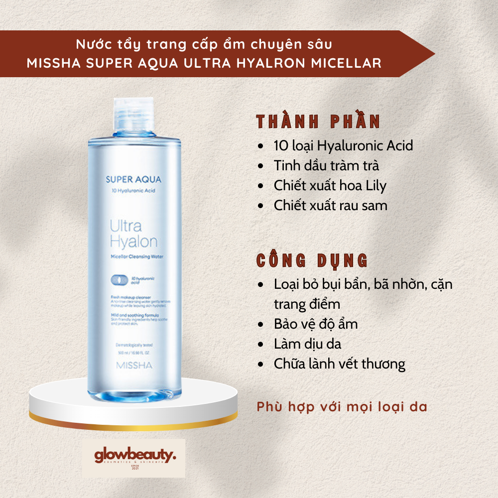 Nước tẩy trang cấp ẩm chuyên sâu Missha Super Aqua Ultra Hyalron Micellar Cleansing Water 500ml [Glow Beau